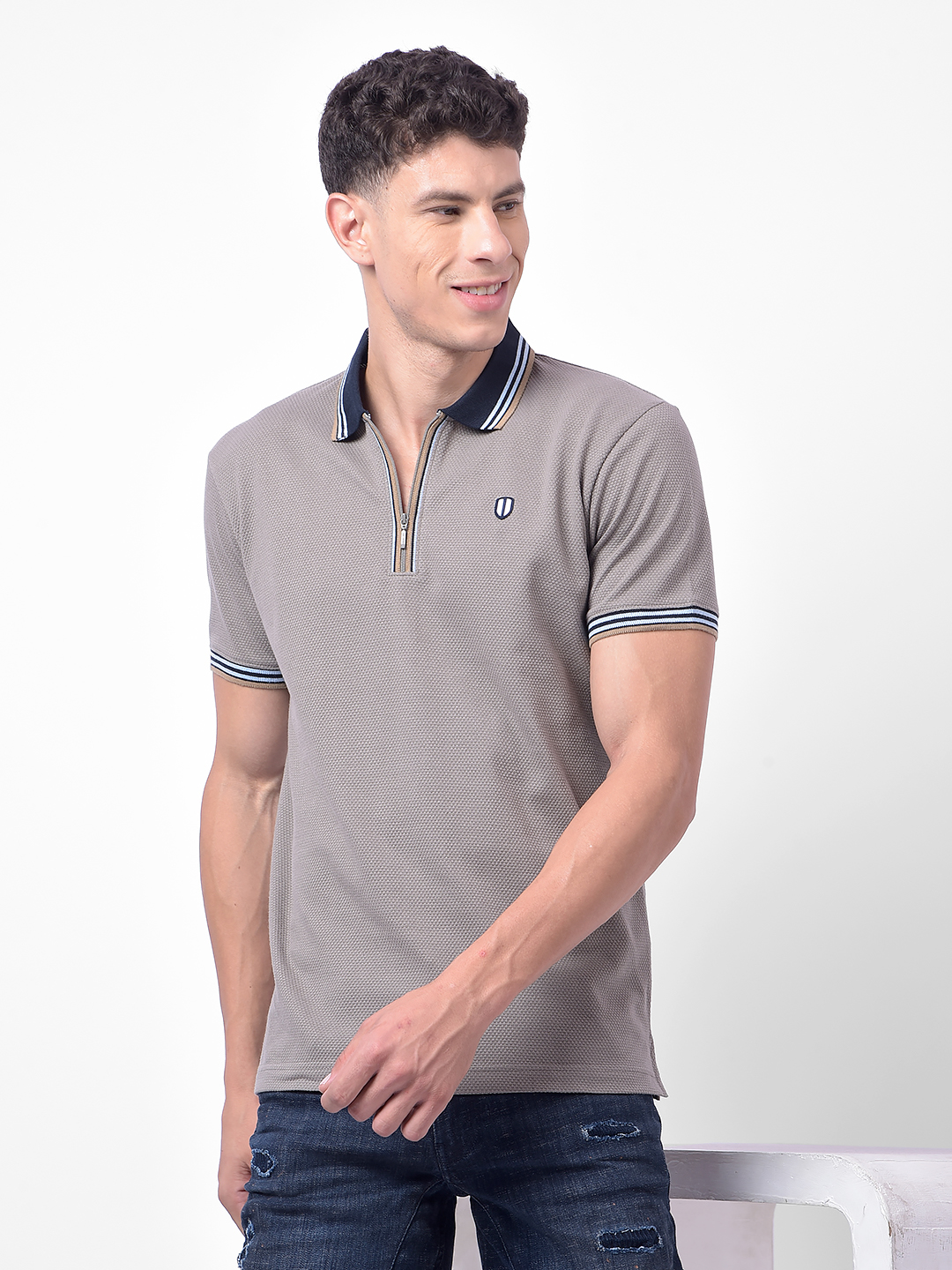 Numero Uno Men Grey Polo T-Shirt With Zip Neck